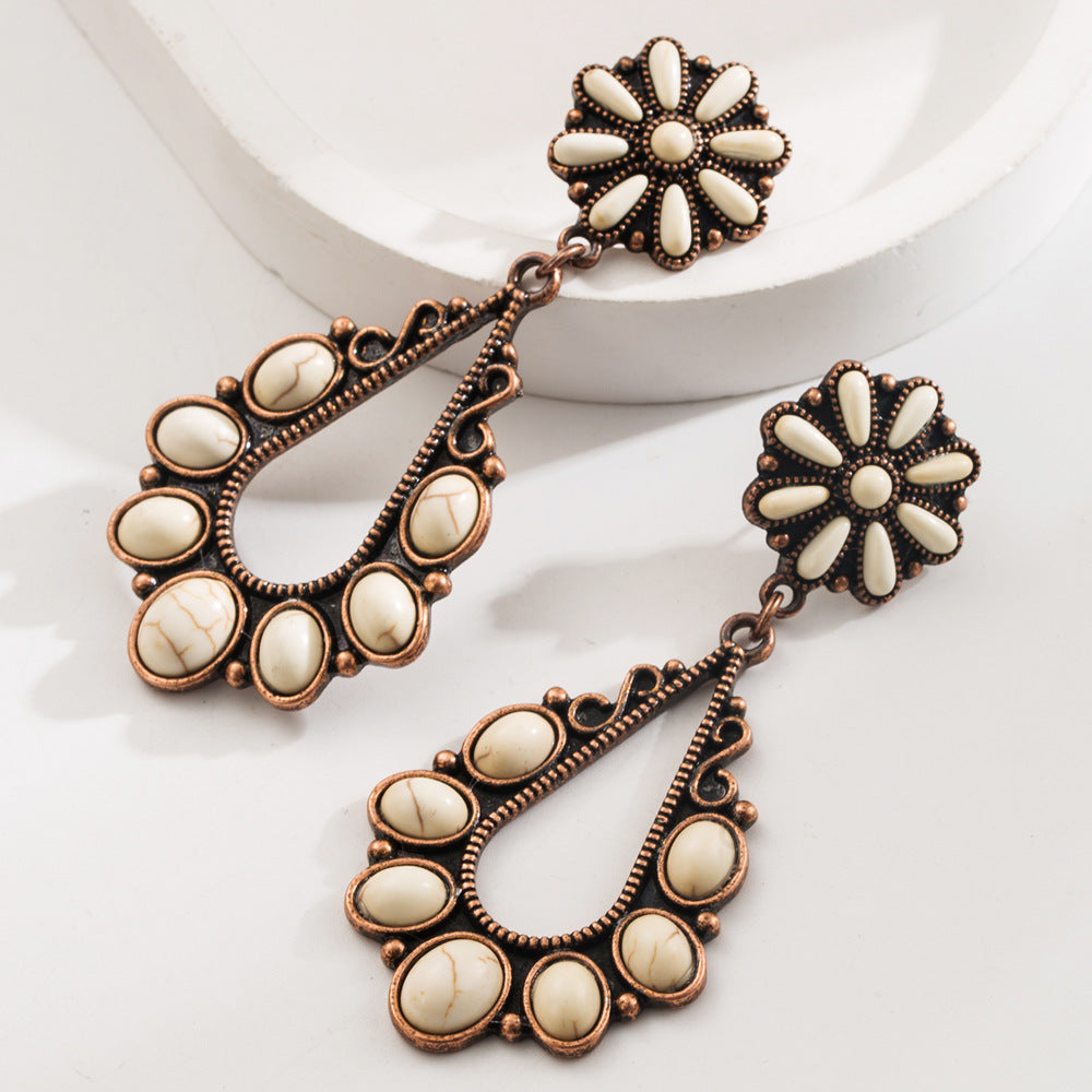 Wholesale Retro turquoise teardrop cross exaggerated earrings